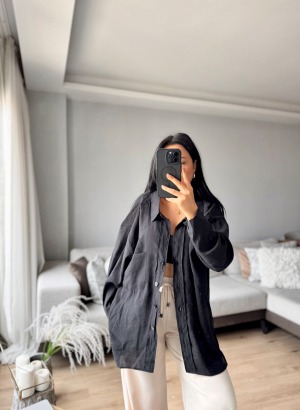 OVERSİZE TENSEL GÖMLEK (Siyah)