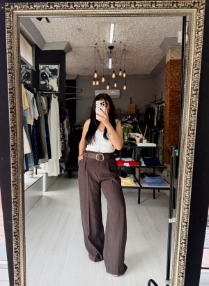 KENDİNDEN KEMERLİ TENSEL PANTOLON (Kahve)