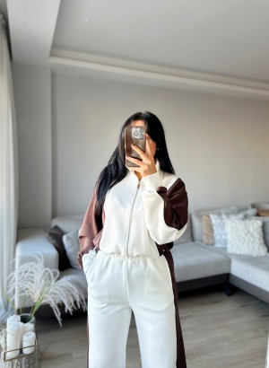 MODAL KUMAŞ EŞOFMAN TAKIMI (Beyaz - Kahve)