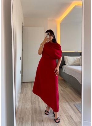 DUBLE KUMAŞ ASİMETRİK ELBİSE (Kırmızı)