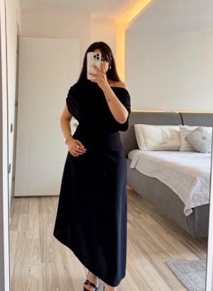 DUBLE KUMAŞ ASİMETRİK ELBİSE (Siyah)