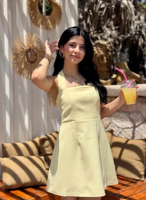 BOYUNDAN ASKILI MİNİ ELBİSE  (Limon sarısı)