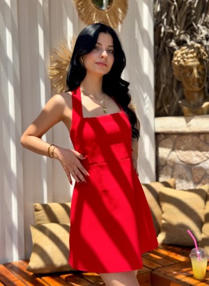 BOYUNDAN ASKILI MİNİ ELBİSE (Kırmızı)