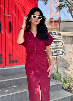 MARKA MUADİLİ KETEN ELBİSE (Bordo)