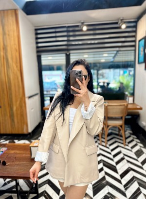 Ekru Deri Blazer Ceket