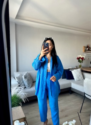 Tensel Kumaş Gömlek-Pantolon Takım (Mavi)