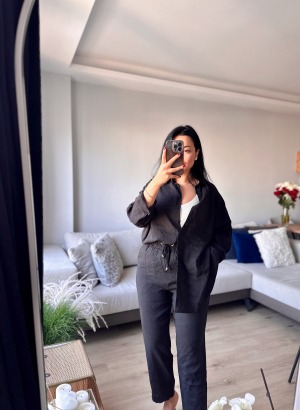 Tensel Kumaş Gömlek-Pantolon Takım (Siyah)