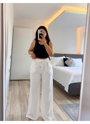  BELİ LASTİKLİ TENCEL PALAZZO (Beyaz)