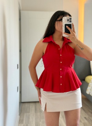HALTER YAKA POPLİN GÖMLEK (KIRMIZI)