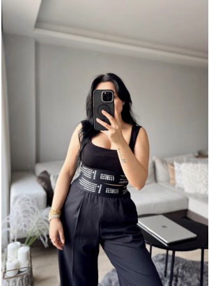 PEDLİ BELİ LASTİKLİ FİTİLLİ CROP (SİYAH)