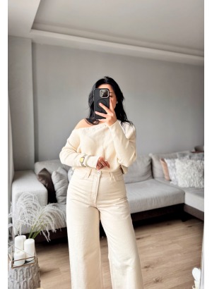 DÜŞÜK OMUZ TRİKO BLUZ (Ekru)