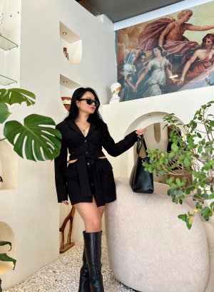 Bel dekolteli Tasarım Ceket Elbise