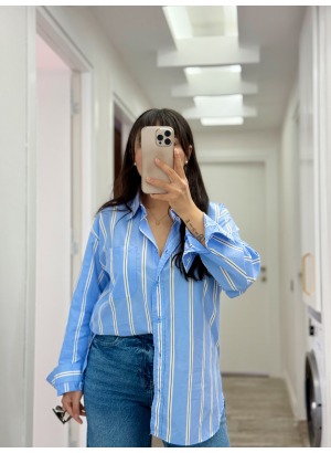 ÇİZGİLİ OVERSİZE GÖMLEK (Mavi)