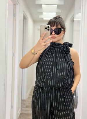 ÇİZGİLİ BOYUNDAN BAĞLAMALI BLUZ