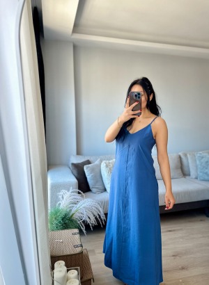 Askılı Modal Gabardin Elbise (Mavi)