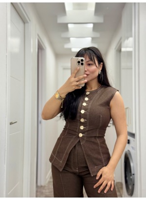 YELEKLİ DENİM TAKIM (Kahve)