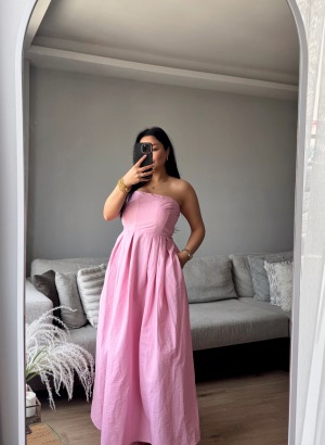 POPLİN STRAPLEZ ELBİSE (Pembe)