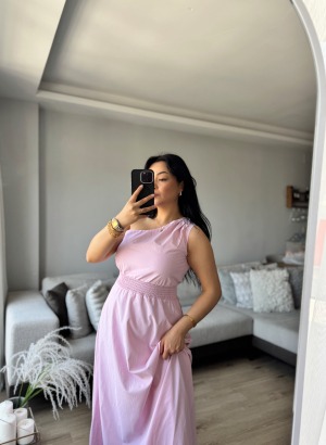 BELİ LASTİKLİ ÇİZGİLİ POPLİN ELBİSE